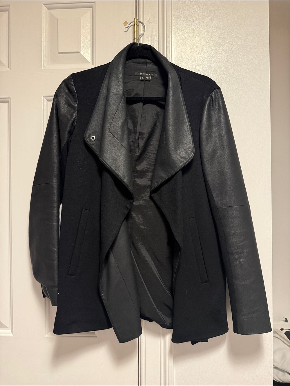 Theory Namo Draped Jacket with Leather Sleeves